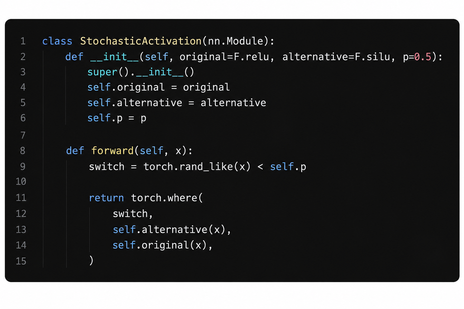 PyTorch StochasticActivation module that samples a switch mask and selects between the original and alternative activation functions.
